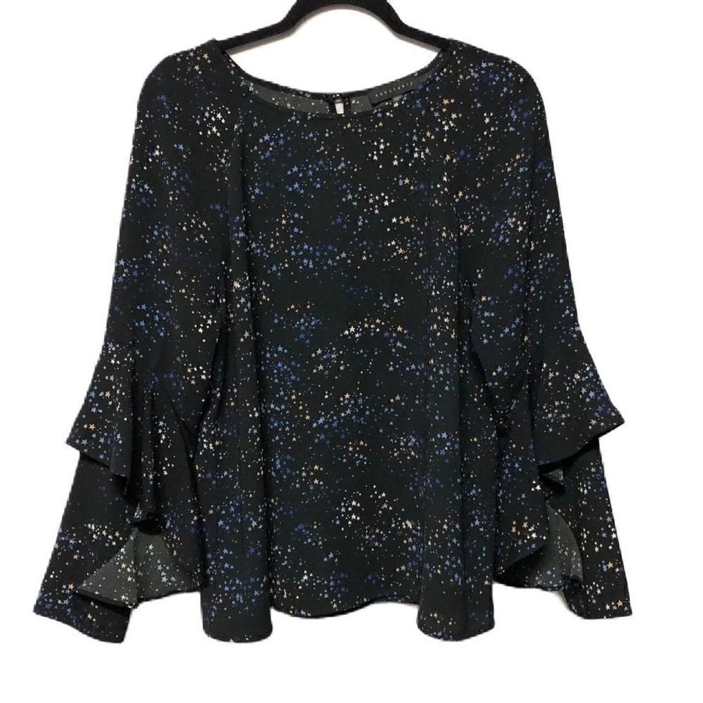 Sanctuary Sz Medium Black Knit Moonchild Stargazer‎ Ruffled Sleeve Shirt Blouse